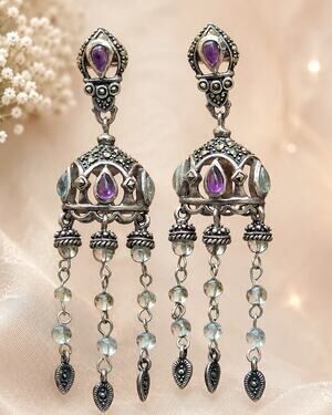 VTG Sterling Silver Marcasite Jhumka Dangle Boho Multi Color Chandelier Earrings